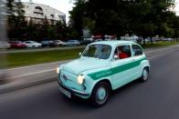 A converted supermini car Zastava 750, which has its combustion engine replaced with an electric one by BB Classic Cars, drives in Skopje