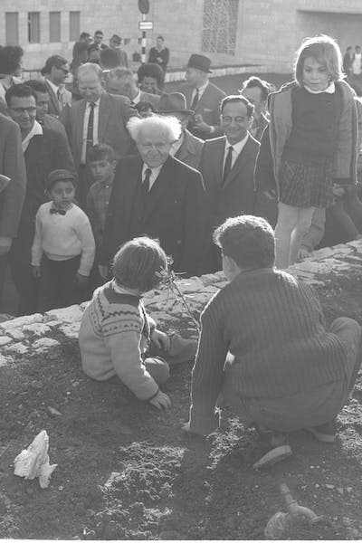 David Ben-Gurion, the first prime minister of Israel, watches children plant a tree on Tu BiShvat in 1963. <a href="https://gpophotoeng.gov.il/fotoweb/Grid.fwx?search=tu%20bishvat#Preview65" rel="nofollow noopener" target="_blank" data-ylk="slk:Moshe Pridan/National Photo Collection, Government Press Office (Israel);elm:context_link;itc:0;sec:content-canvas" class="link ">Moshe Pridan/National Photo Collection, Government Press Office (Israel)</a>