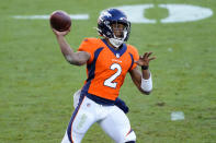 Denver Broncos quarterback Kendall Hinton (2) throws against the New Orleans Saints during the first half of an NFL football game, Sunday, Nov. 29, 2020, in Denver. (AP Photo/Jack Dempsey)