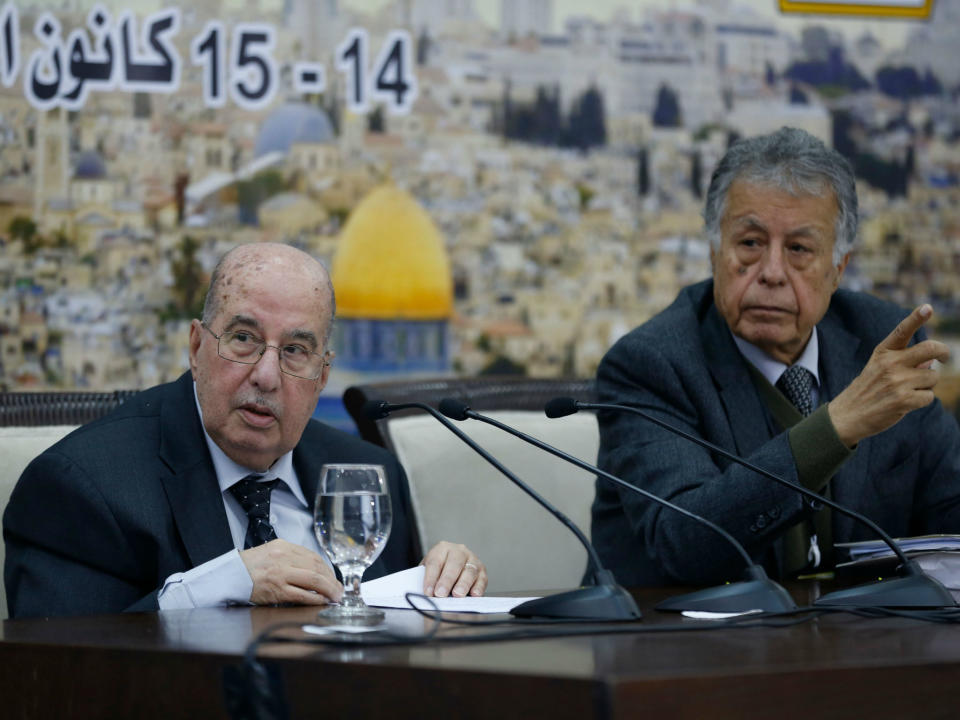 Senior Palestinian official Salim Zaanoun reads a statement at the end of a meeting of the Palestinian Central Council in the West Bank city of Ramallah: ABBAS MOMANI/AFP/Getty Images