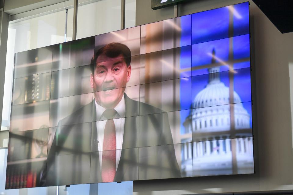 Sen. Mike Rounds speaks about DSU in a recorded video during the 40th anniversary mission change on Thursday, February 29, 2024 at Dakota State University in Madison.
