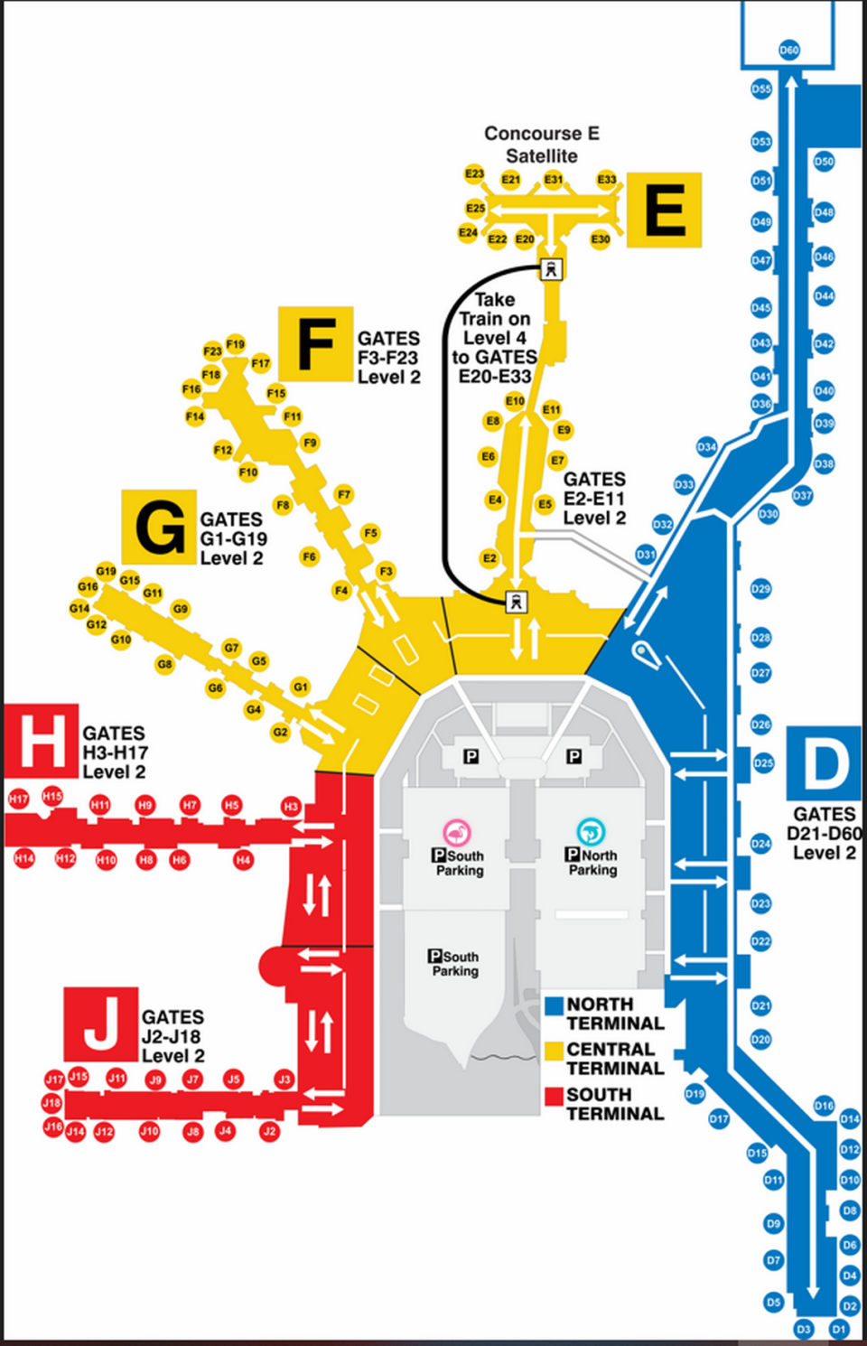 Mapa del Aeropuerto Internacional de Miami (MIA) con las terminales. Cortesía Aeropuerto Internacional de Miami