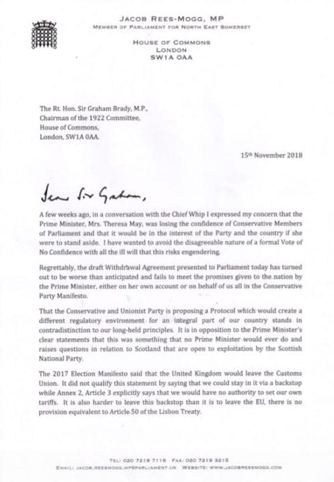 The first page of Jacob Rees-Mogg's letter