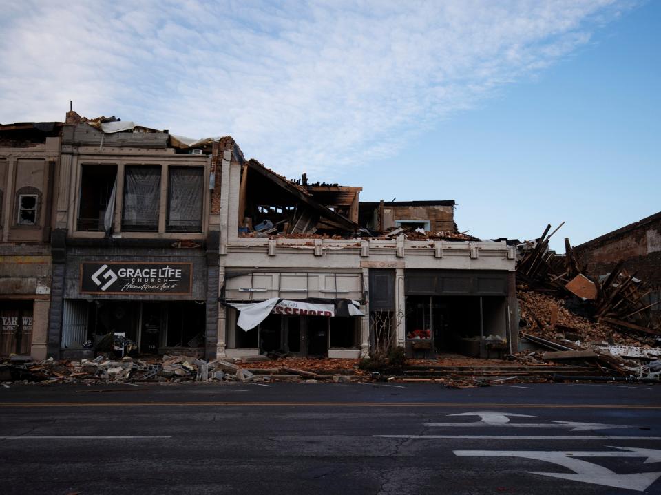 Heavy damage is seen downtown after a tornado swept through the area on December 11, 2021 in Mayfield, Kentucky (Getty Images)