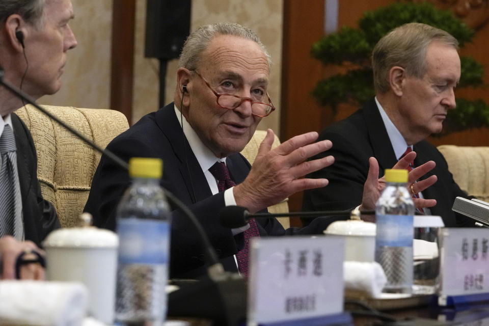Visiting U.S. Senate Majority Leader Chuck Schumer, D-N.Y. speaks during a bilateral meeting with Chinese Foreign Minister Wang Yi at the Diaoyutai Guest House in Beijing, Monday, Oct. 9, 2023. (AP Photo/Andy Wong, Pool)