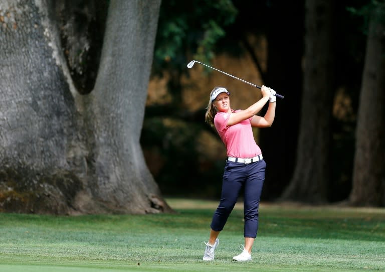 Brooke Henderson of Canada hits a shot on the 4th hole during the first round of the LPGA Cambia Portland Classic, at Columbia Edgewater Country Club in Oregon, on August 30, 2018