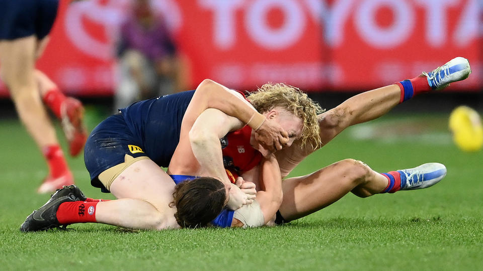 Brisbane's Jarrod Berry is set to come under AFL scrutiny after Melbourne's Clayton Oliver complained about an eye-gouge. (Photo by Quinn Rooney/Getty Images)