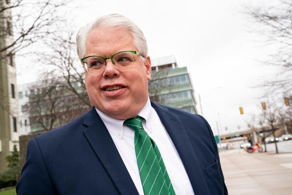 Attorney for Adam Fox, Christopher Gibbons, leaves the Gerald Ford R. Ford Building and U.S. Courthouse on April 8, 2022, just before lunch after jurors in the Governor Whitmer kidnapping case sent U.S. District Judge Robert Jonker a question about being stuck on certain charges. Gibbons said unanimity would be ideal with the jury but he and his client will just have to wait and see.