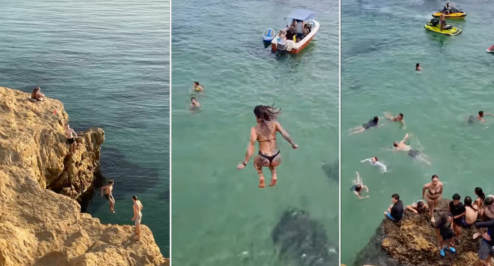 People seem swimming and jumping off cliffs at The Pillars in Victoria.