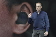 Dave Limp, senior vice president for Amazon devices & services, talks about Echo Buds, the tech company's new wireless earbuds product, Wednesday, Sept. 25, 2019, during an event in Seattle. (AP Photo/Ted S. Warren)