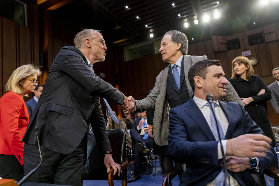 From left, Live Nation Entertainment, Inc. President And Chief Financial Officer Joe Berchtold, Jam Productions LLC Chief Executive Officer and President Jerry Mickelson, and SeatGeek, Inc. Chief Executive Officer Jack Groetzinger, arrive to testify before a Senate Judiciary Committee hearing to examine promoting competition and protecting consumers in live entertainment on Capitol Hill in Washington, Tuesday, Jan. 24, 2023. (AP Photo/Andrew Harnik)