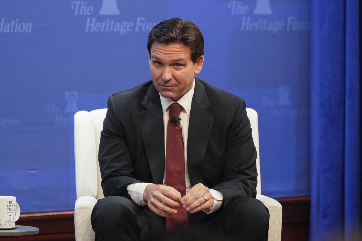 Republican presidential candidate Florida Gov. Ron DeSantis speaks at the Heritage Foundation, Friday, Oct. 27, 2023, as part of the Mandate for Leadership Series in Washington. (AP Photo/Jess Rapfogel)