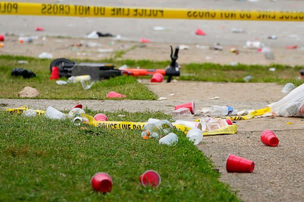 PHOTO: Party debris is seen in the area of a mass shooting incident in the Southern District of Baltimore, July 2, 2023. (Julio Cortez/AP)