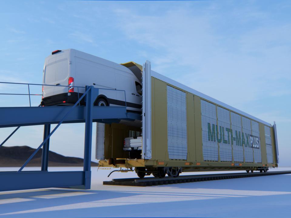 The Greenbrier Companies, which is the leading manufacturer of freight rail cars for North America, makes the Multi-Max autorack seen here. It allows the deck to be configured as a bi-level or low bi-level to fit various vehicles.