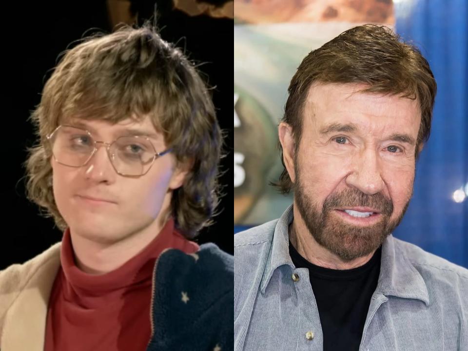left: maxwell norris, a young man pursing his lips; right: chuck norris, a middle aged man smiling