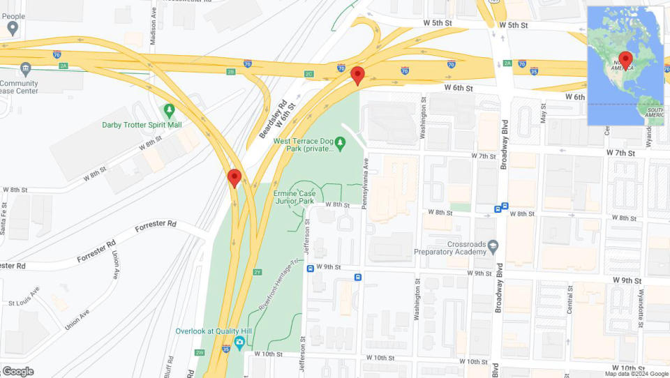 A detailed map that shows the affected road due to 'Kansas City: Beardsley Road closed' on May 14th at 2:10 p.m.