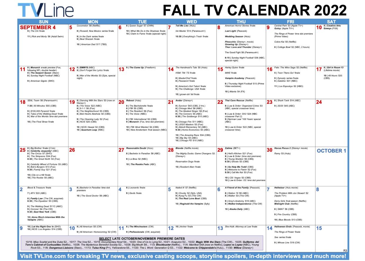 Fall TV Calendar Schedule