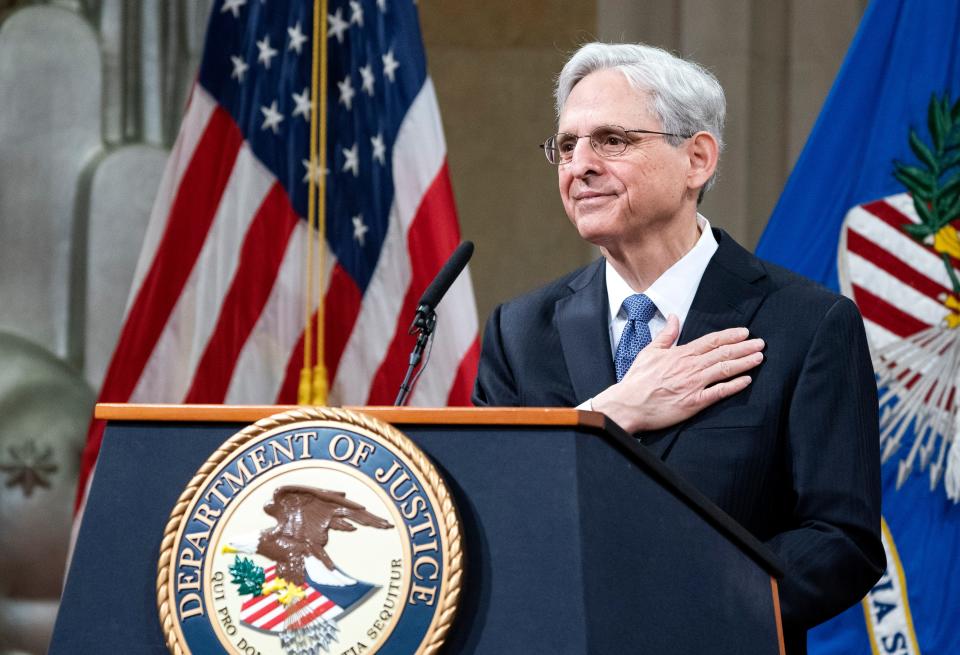 Attorney General Merrick Garland addresses Justice Department staff on his first day March 11, 2021, in Washington.