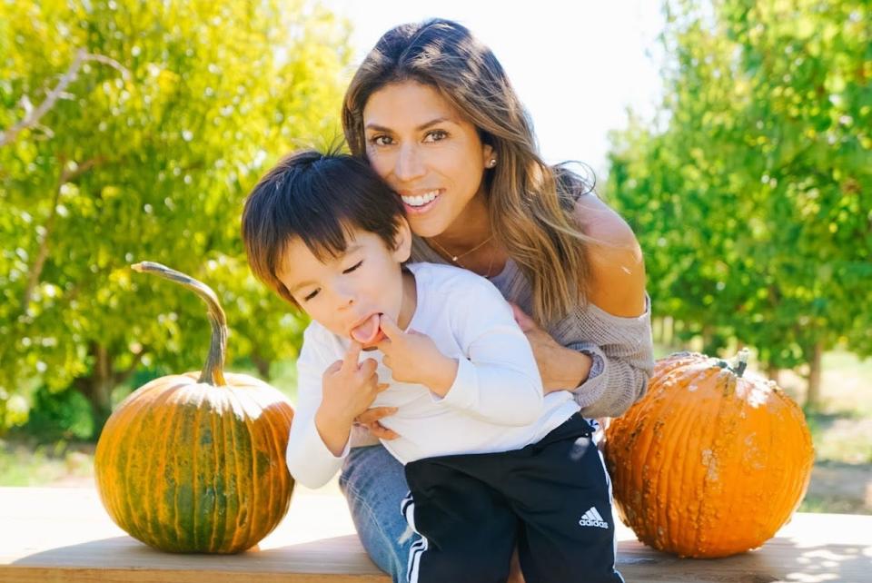 Stephanie Ceccarelli and her son, Cruz, at Gilcrease Orchard in Las Vegas.