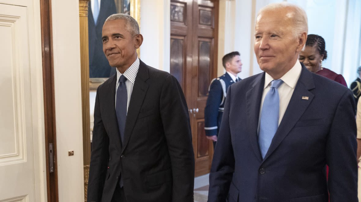 Former President Barack Obama and President Joe Biden arrive at a ceremony to unveil the official Obama White House portraits at the White House on Sept. 7, 2022. The former president could be Biden's secret weapon as he seeks reelection. (Photo by Kevin Dietsch/Getty Images)