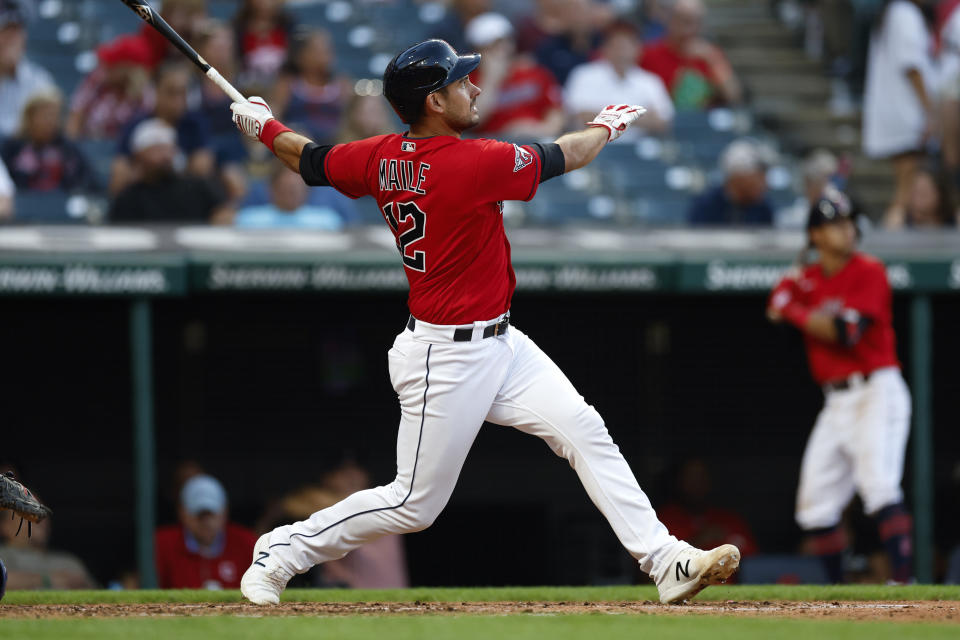 Cleveland Guardians' Luke Maile watches his solo home run off Detroit Tigers starting pitcher Bryan Garcia during the fourth inning in the second baseball game of a doubleheader Monday, Aug. 15, 2022, in Cleveland. (AP Photo/Ron Schwane)