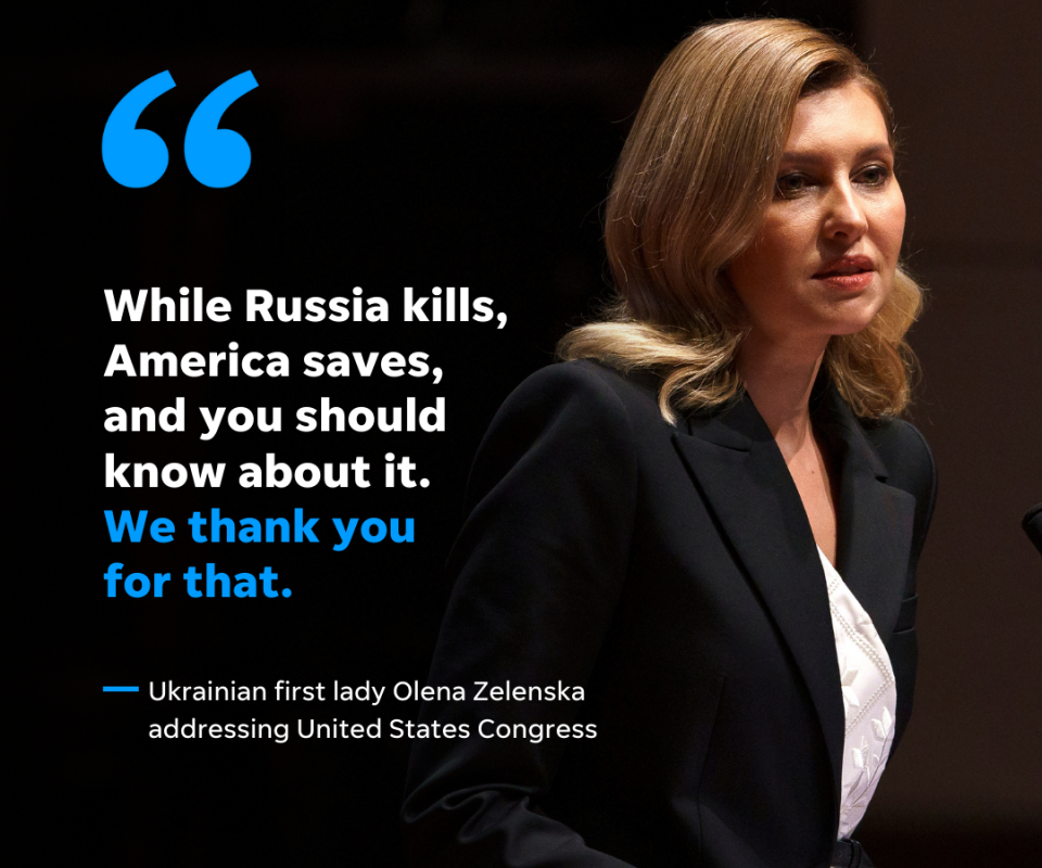 Ukrainian first lady Olena Zelenska addressed Congress on Wednesday, thanking the United States for the billions of dollars committed since Russian troops invaded Ukraine on Feb. 24 and calling for more weapons for her country's fight.