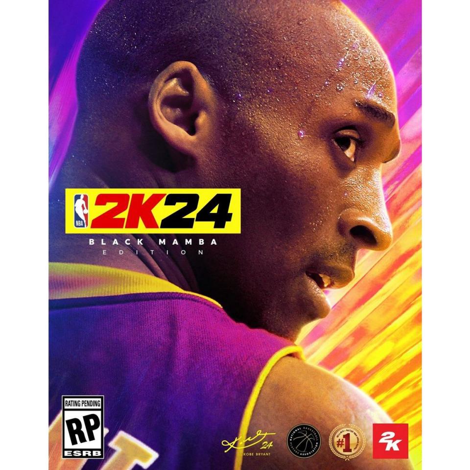 purple and yellow video game cover with photo of Kobe Bryant