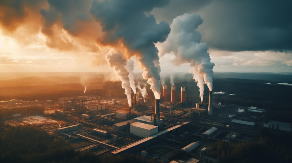 Aerial view of a large paper mill, steam billowing from its many smokestacks.