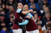 <p>West Ham’s Javier Hernandez (right) celebrates the second-half leveller with Mark Noble </p>