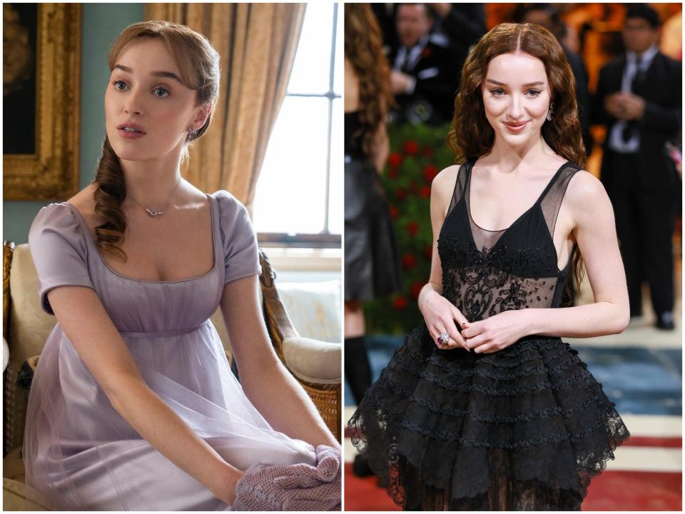 Phoebe Dynevor side by side: As Daphne Bridgerton on &quot;Bridgerton&quot; and in a black dress at the 2022 Met Gala