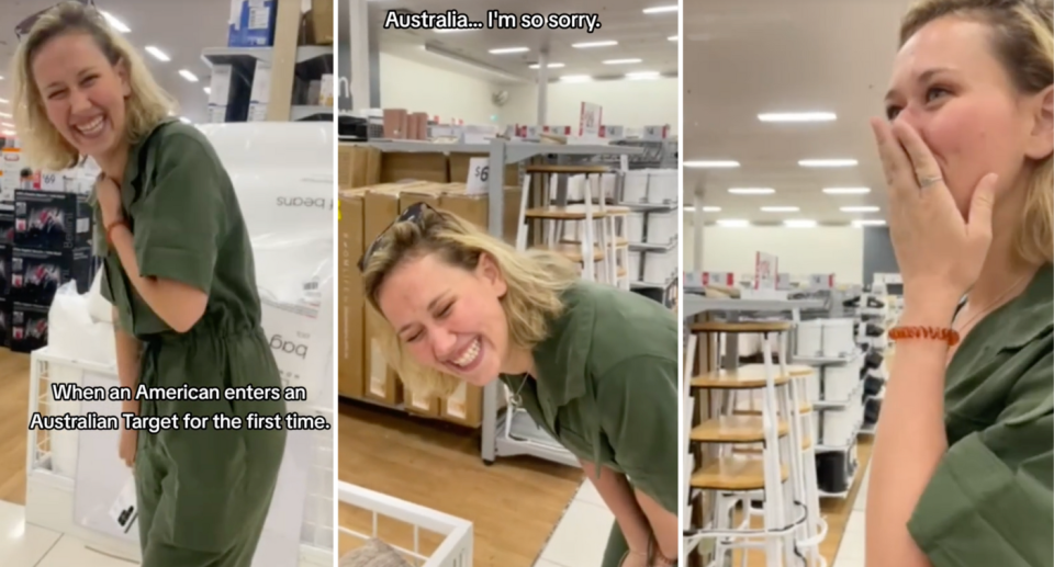 American woman laughing at Australian Target