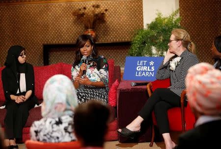 U.S first lady Michelle Obama and actress Meryl Streep (R) speaks during a conversation with Moroccan adolescent girls moderated by CNNÕs Isha Sesay following the "Let Girls Learn" program in Morocco, June 28, 2016. REUTERS/Youssef Boudlal