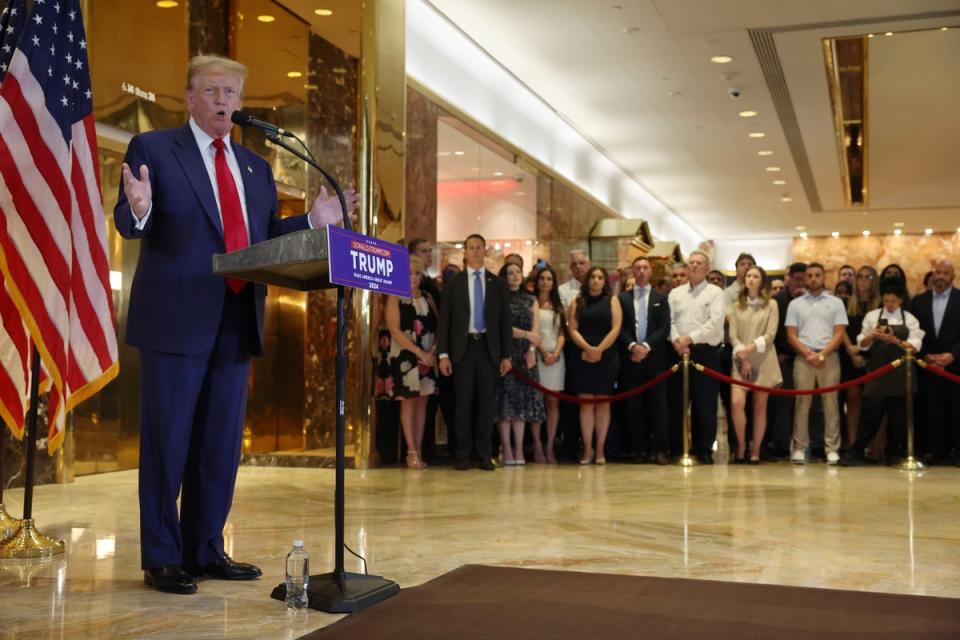 Donald Trump delivers remarks inside Trump Tower on May 31, one day after he was convicted of 34 felonies relating to a hush-money scheme cooked up to influence the 2016 election (Getty)