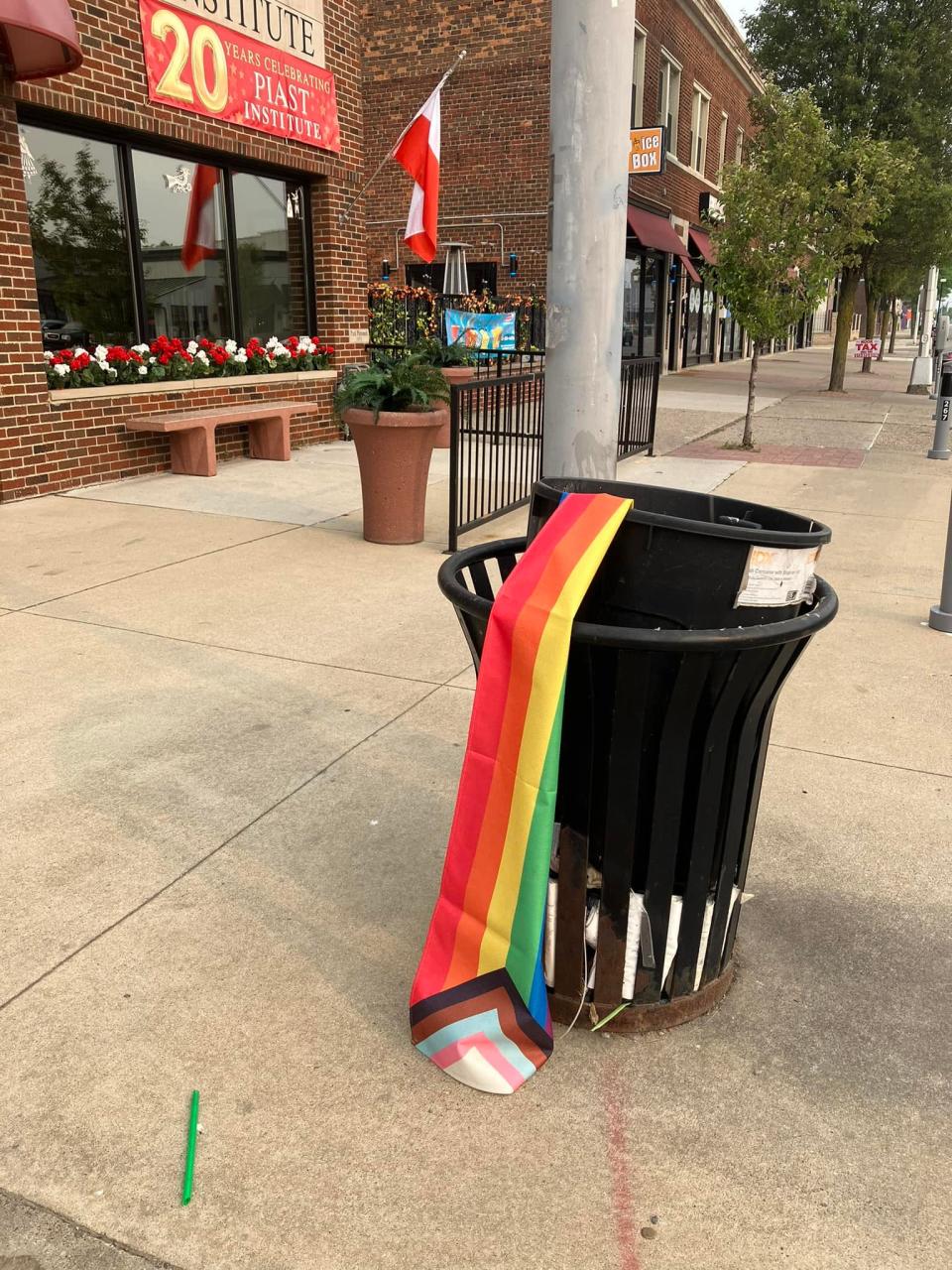Former Hamtramck Mayor Karen Majewski said she found a LGBTQ Pride flag in a trash can outside the Piast Institute, a Polish-American center, where the flag had been flying, on June 6, 2023.