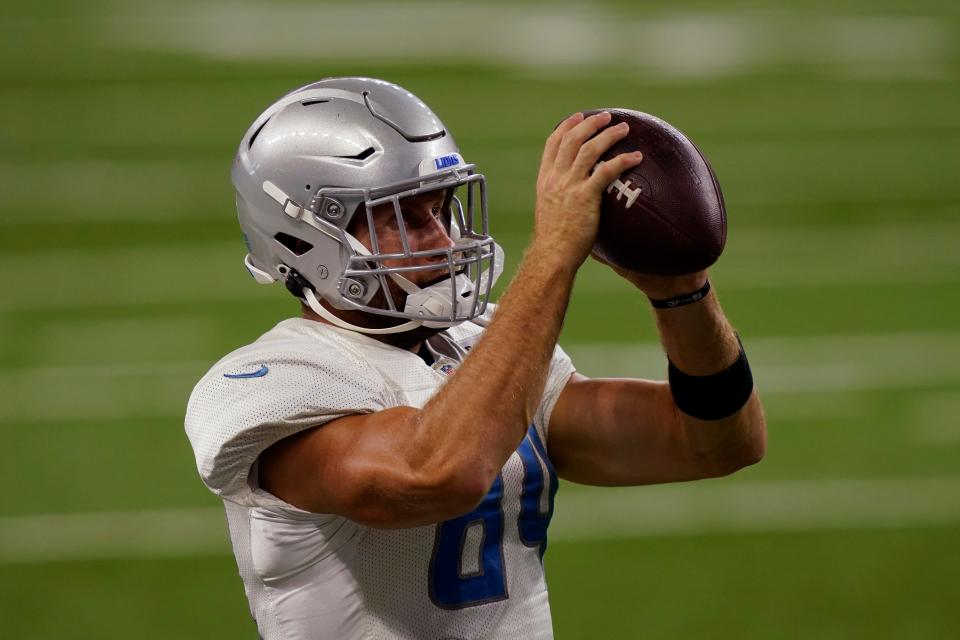 Detroit Lions tight end Matt Sokol catches during drills at practice Wednesday, Sept. 2, 2020 at Ford Field.