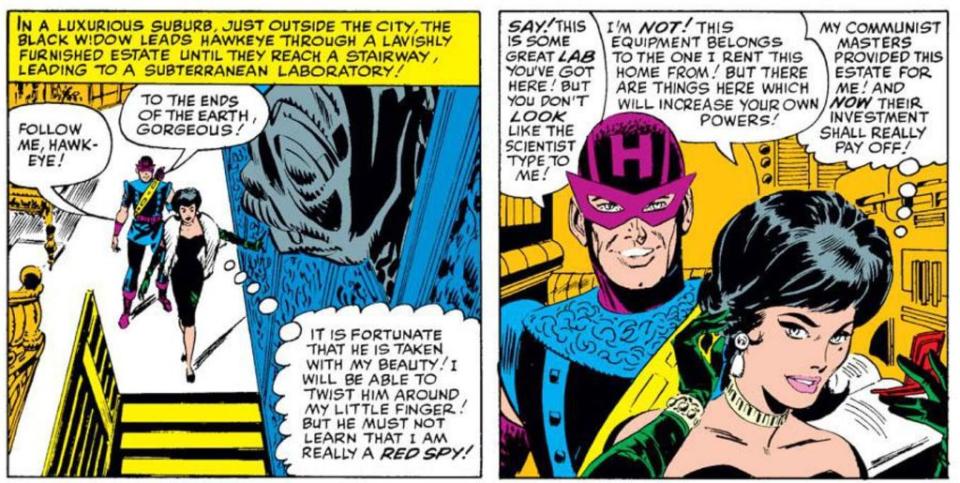 Hawkeye and Black Widow, in their earliest Marvel appearances.