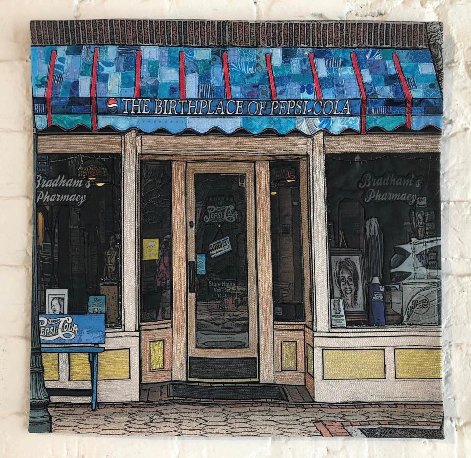 "Bradham's Drug Store" art quilt made by Patti Louise Pasteur of New Bern, N.C. on exhibit at Petersburg Area Art League in Old Towne on July 15, 2023.