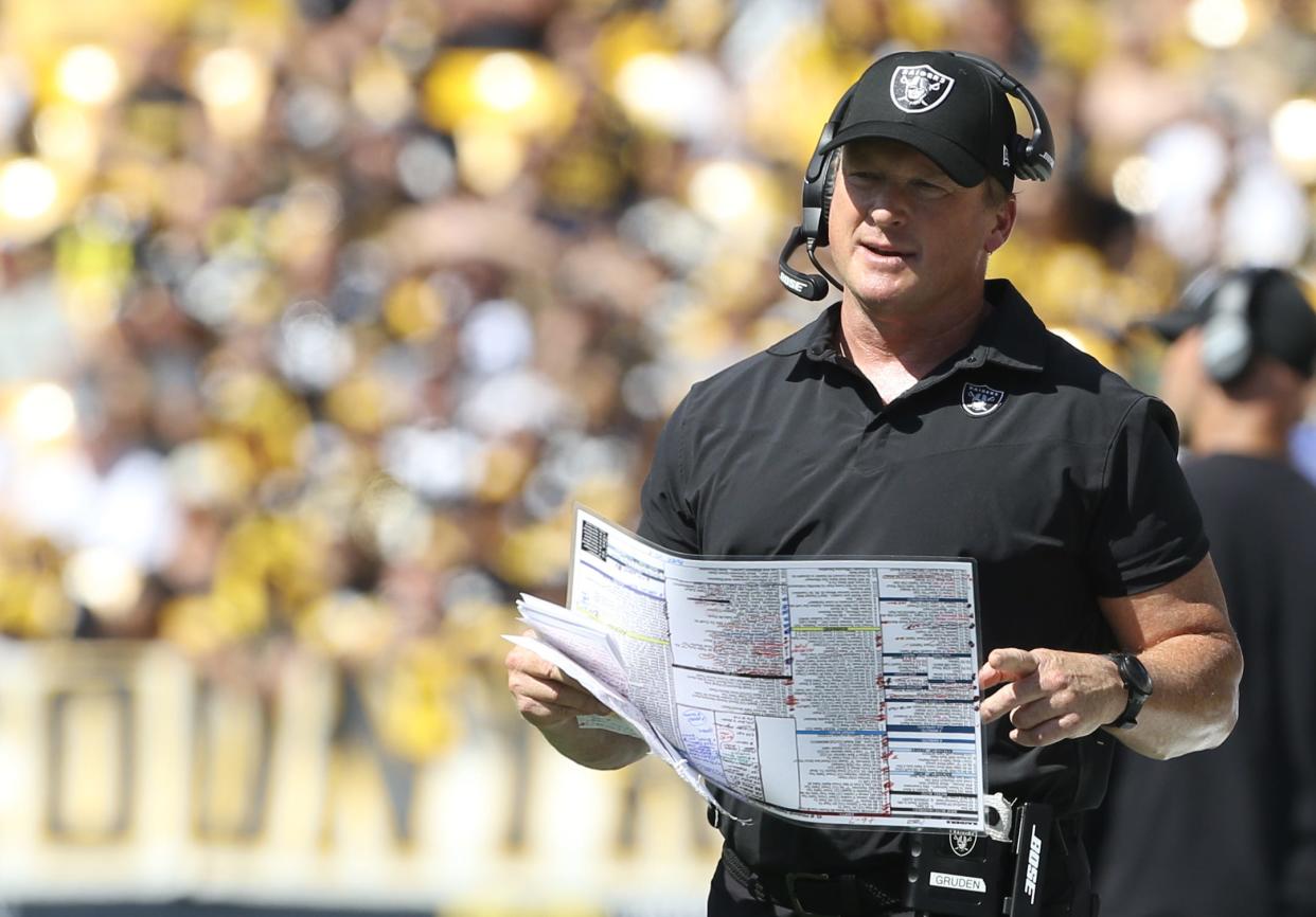 Jon Gruden during a Raiders game in 2021.