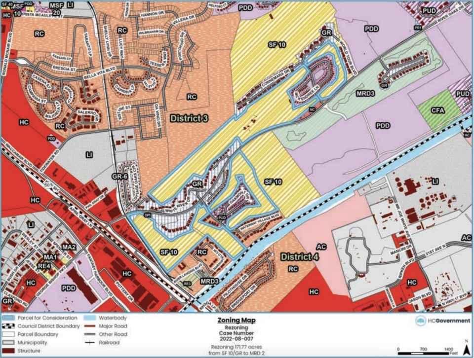 A rezoning map of the River Oaks Golf Course, which could turn 171.77 acres into more than 500 homes.