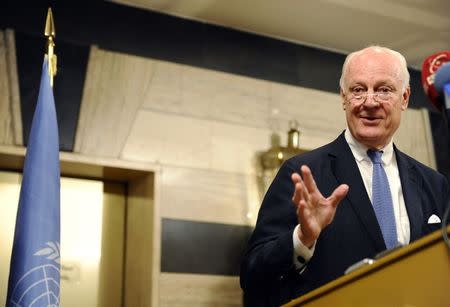 United Nations (U.N.) Special Envoy for Syria Staffan de Mistura speaks during a news conference in Damascus, November 11, 2014. A common threat posed by Islamic State militants to Syria's warring factions may help push government and rebel forces toward local truces, de Mistura said in an interview published on Tuesday. De Mistura is pushing an initiative to create "incremental freeze zones" to stop localised fighting and improve aid access, starting in the northern city of Aleppo. REUTERS/Omar Sanadiki (SYRIA - Tags: POLITICS CONFLICT CIVIL UNREST)