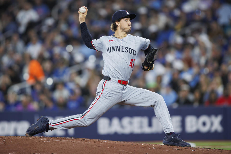 Minnesota Twins pitcher Joe Ryan throws to a Toronto Blue Jays batter during the first inning of a baseball game Friday, May 10, 2024, in Toronto. (Cole Burtson/The Canadian Press via AP)