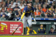 Milwaukee Brewers' Joey Ortiz watches his three-run home run against the Houston Astros during the fourth inning of a baseball game Friday, May 17, 2024, in Houston. (AP Photo/Eric Christian Smith)