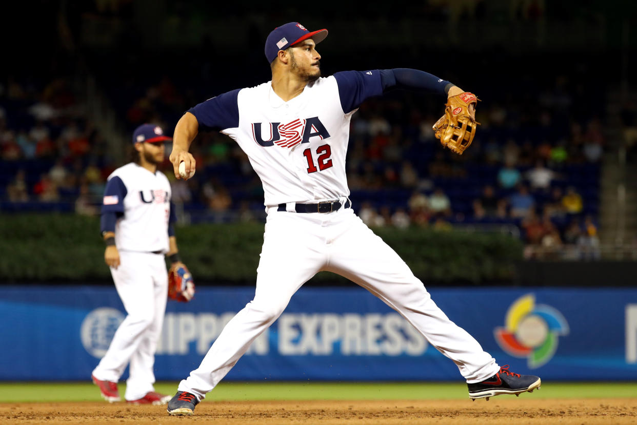 Nolan Arenado, shown here competing in the 2017 WBC, is a repeat member of Team USA. (Photo by Alex Trautwig/WBCI/MLB via Getty Images)