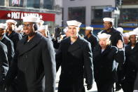 <p>Sailors from the United States Navy wave to crowds during the Veterans Day parade in New York on Nov. 11, 2017. (Photo: Gordon Donovan/Yahoo News) </p>