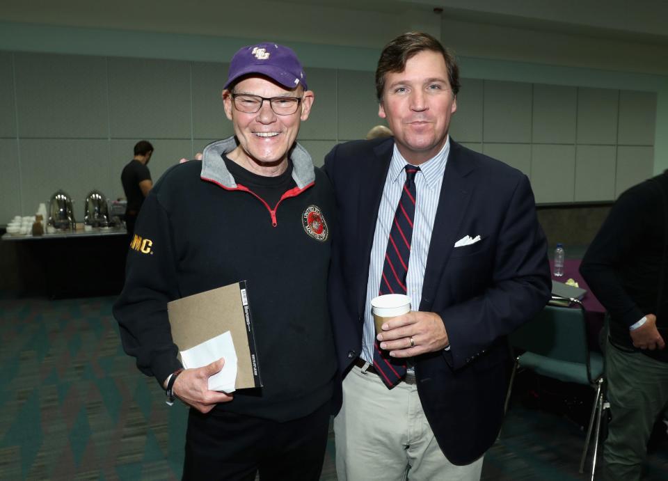 James Carville and Tucker Carlson attend Politicon 2018 at Los Angeles Convention Center on October 21, 2018 in Los Angeles, California.