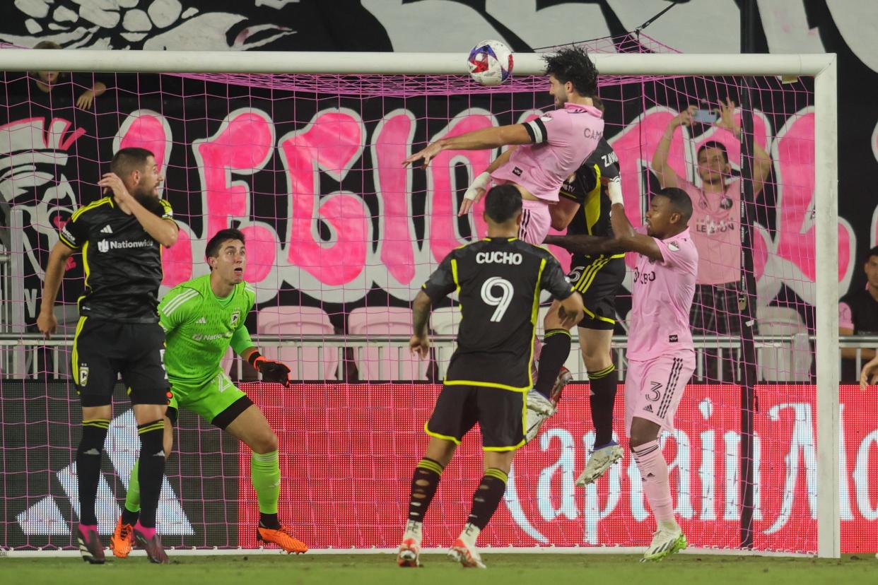 Jul 4, 2023; Fort Lauderdale, Florida, USA; Inter Miami forward Leonardo Campana (9) scores a goal with a header during the second half against the Columbus Crew SC at DRV PNK Stadium. Mandatory Credit: Sam Navarro-USA TODAY Sports