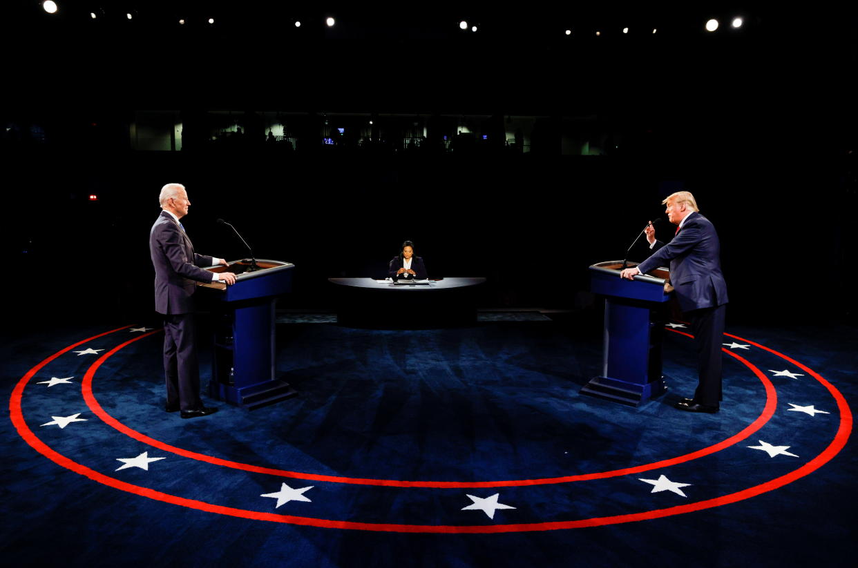 U.S. President Donald Trump speaks during the third and final presidential debate with Democratic presidential nominee Joe Biden at Belmont University in Nashville, Tennessee, U.S., October 22, 2020. REUTERS/Jim Bourg/Pool     TPX IMAGES OF THE DAY