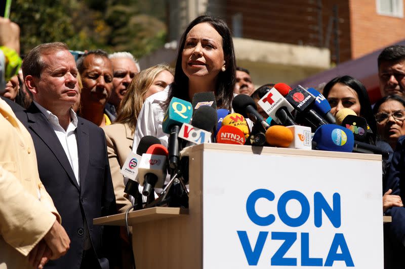 Venezuelan opposition presidential candidate Maria Corina Machado addresses the media, in Caracas