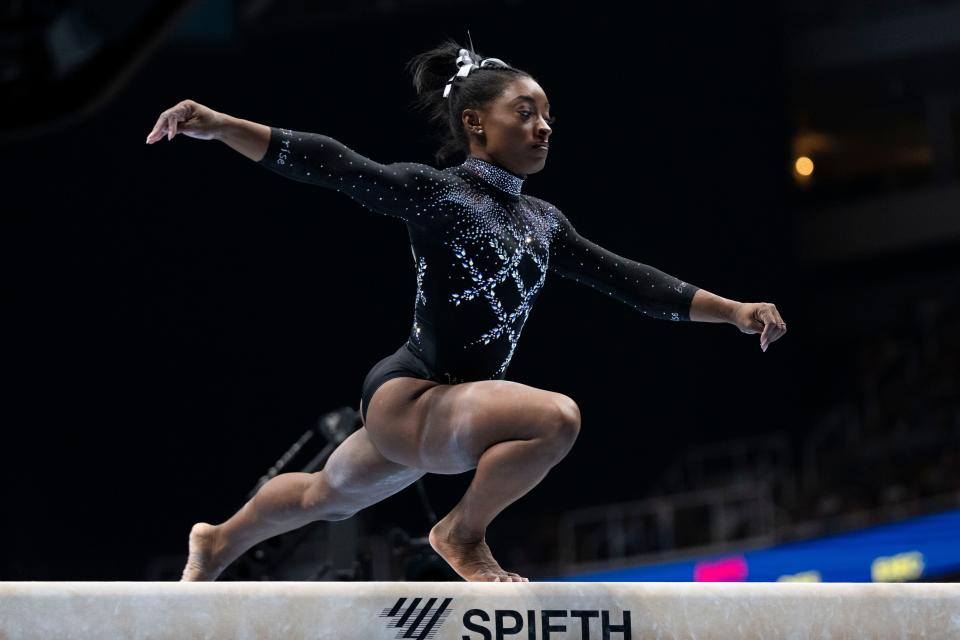 Simone Biles performs on the balance beam during the 2023 U.S. Gymnastics Championships in San Jose, California.