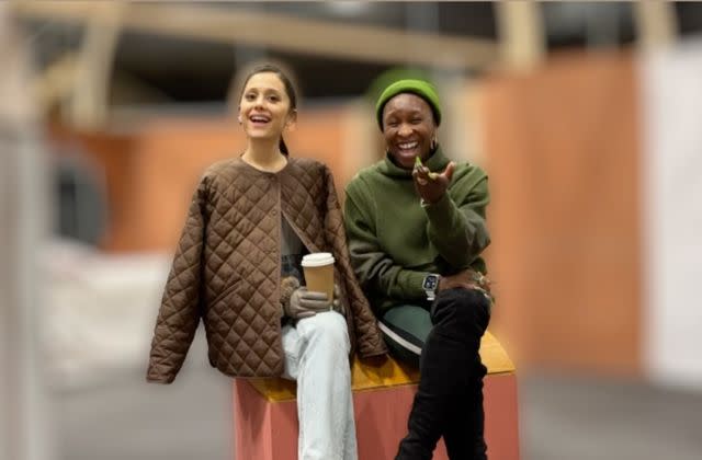 <p>Ariana Grande/TikTok</p> Ariana Grande and Cynthia Erivo on <em>Wicked</em> set